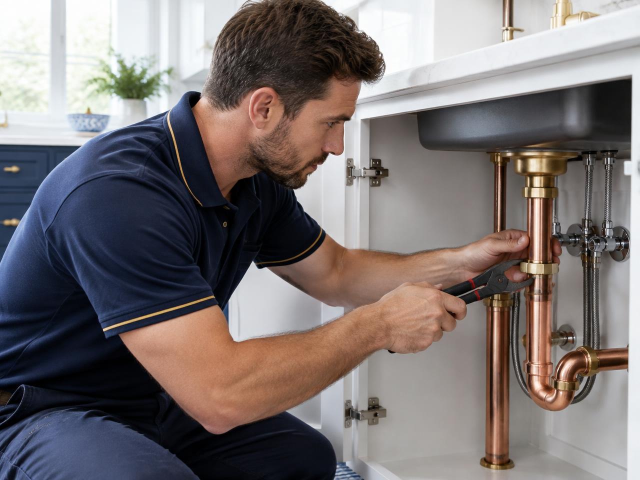 Plumber inspecting a residential sink and copper piping